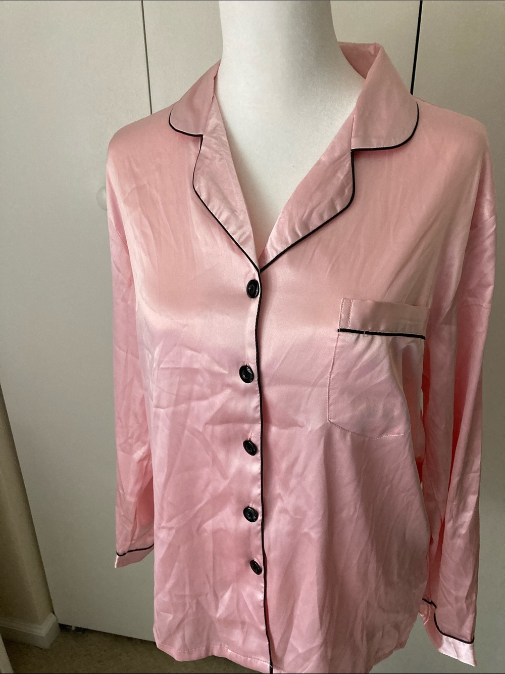 Satin Long-Sleeve Pajama Set in Pink with Contrast Piping